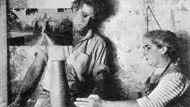 Jeanne and Norbert Pierlot work on a ceramic piece. Though hard to see, the inset is Chateau Ratilly.